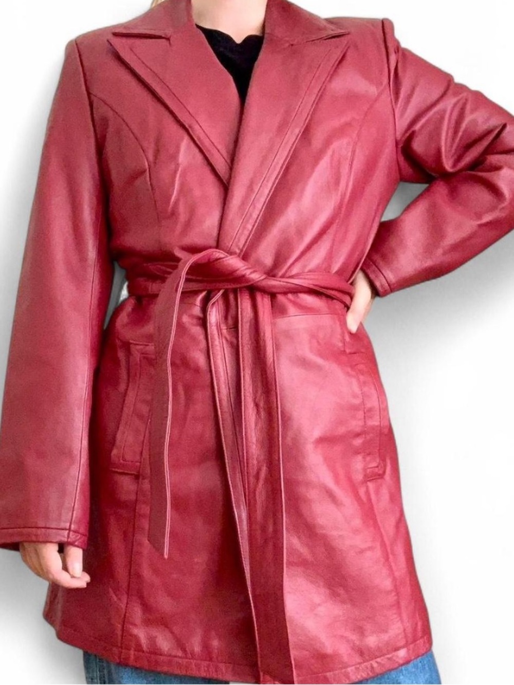 Pamela McCoy Red Leather Belted Coat